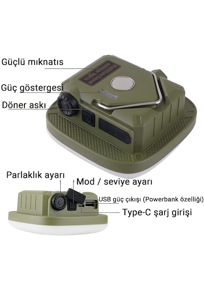 D83-1 Şarjlı Manyetik Kamp Lambası Powerbank Özellikli Led Işık Taşınabilir Çadır Aydınlatma Siyah