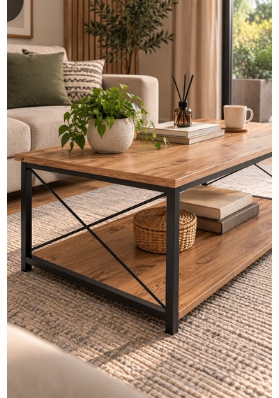 Sulorahome Ceviz Desenli Çift Raflı Orta Sehpa 90x50 Cm