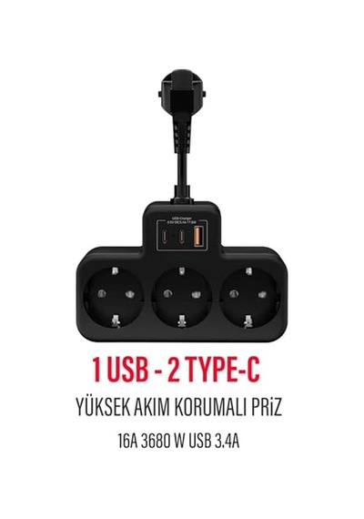 Çoklu Kablolu Priz Çoğaltıcı Priz Dönüştürücü 1usb - 2type-c Girişli Yüksek Akım Korumalı Fiş Siyah