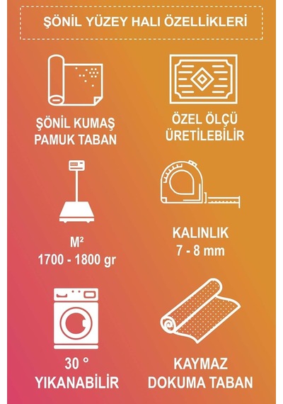 Madala Vintage Desenli Şönil Pamuk Tabanlı Yıkanabilir Kaymaz Antibakteriyel Salon Halısı 200x300 Çok Renkli