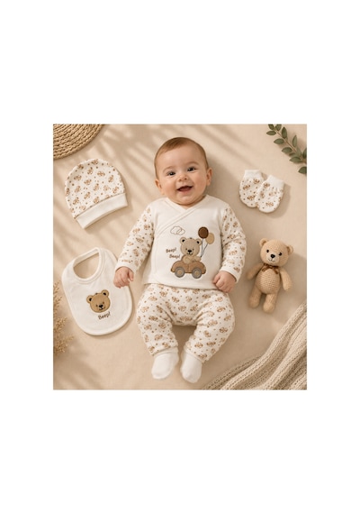 Petino Erkek Bebek Hastane Çıkışı 10 Lu Set Arabalı Ayıcık Nakışlı Kahverengi