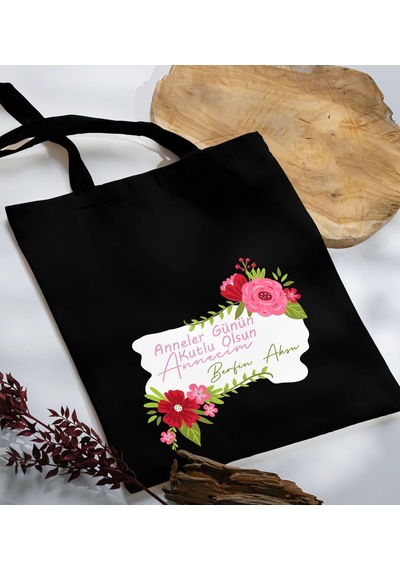 Bk Gift Kişiye Özel İsimli Anneler Günü Tasarımlı Siyah Kumaş Bez Çanta, Baskılı Omuz Çantası, Alışveriş Çantası, Anneler Günü Hediyesi, Anneye Hediye-6