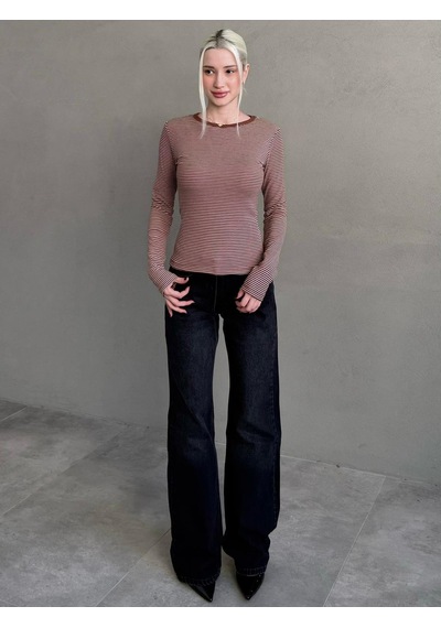 Kahverengi Çizgili Uzun Kollu Kadın Body Mg2657 Kahverengi