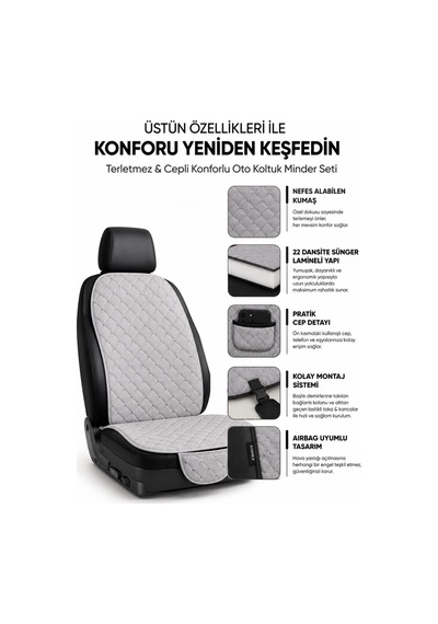 Terletmez Cepli Oto Koltuk Minder Seti Kolay Montaj Universal Koruyucu Kılıf Kumaş Açık Gri