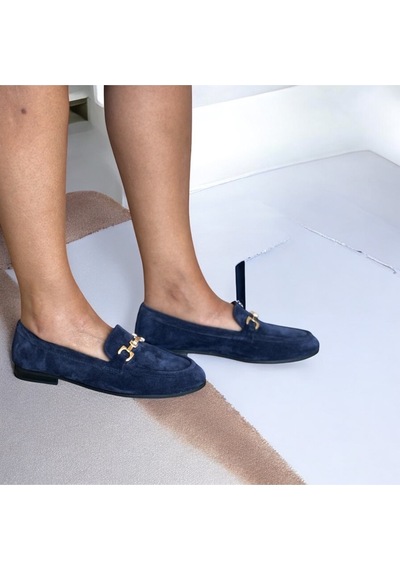 Ne&ve Shoes Lacivert Süet Hakiki Deri Gold Zincir Aksesuarlı Kadın Loafer Ayakkabı