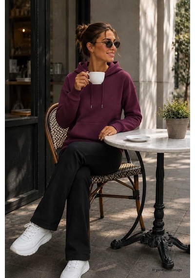 TOMMYLIFE Soft Vişne Standart Kapüşonlu Kanguru Cepli Basic Kadın Sweatshirt - 97321