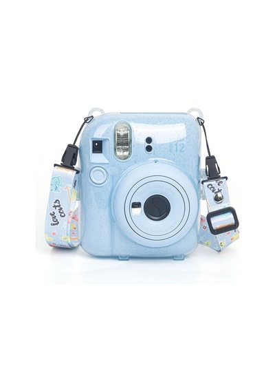 Fujifilm Instax Mini 12 Fotoğraf Makinesi + 20'li Film + Kıskaçlı Resim Standı + Simli Pleksi Kılıf Seti Mavi