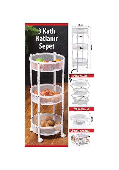 3 Katlı Pratik Katlanır Metal Beyaz Renk Tekerlekli Sepet Patates Soğanlık - Çok Amaçlı Organizer Beyaz