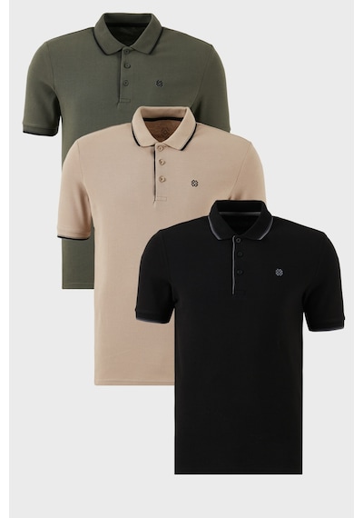 Buratti Pamuklu Slim Fit Şerit Detaylı Düğmeli Polo Yaka 3'Lü Paket Erkek T Shirt 5902118S3 Siyah-Haki-Vizon