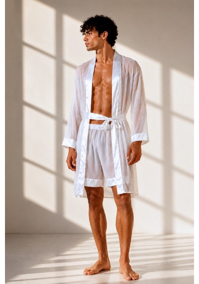 Qmen Style Erkek Şifon Kimono- Pijama - Şort Seti Beyaz
