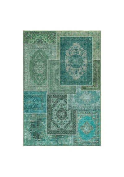 Cool Halı Patchwork Yeşil Turkuaz Vintage Eskitme Bohem Şönil İnce Halı Salon Oturma Odası Halısı
