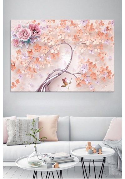 Kabartma Görünümlü Üç Boyutlu Pembe Çiçekler Kanvas Tablo 120 x 80