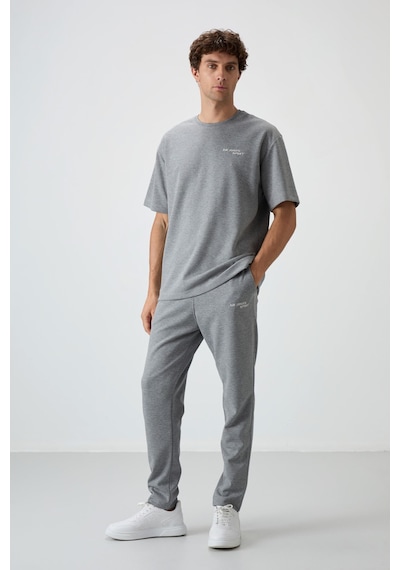 Tommy Life Gri Melanj Pamuklu Kalın Yumuşak Dokulu Oversize Fit Nakışlı Erkek Eşofman Takım - 85252 GRİ MELANJ