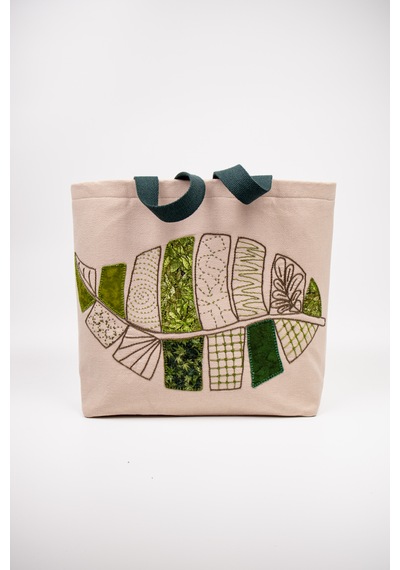 Fabric Craft Bag Omuz Çantası Duck Kumaş Patchwork Sashiko El İşlemeli Astarlı Telalı Günlük Çanta 44x34 Cm Acı Kahverengi - Bej