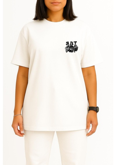 Bahriyeli Collection Oversize Effective Sat Cep Ve Sırt Baskılı Unisex T-shirt Beyaz