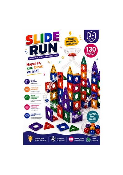 Slide Run 130 Parça Manyetik Blok Seti Bilye Parkuru Ve Yapı Oyuncağı 3+ Yaş