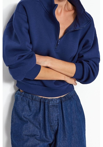 Ersefa Fitted Fermuarlı Yaka Crop Rahat Kesim Crop Basic Fermuarlı Kalın Lacivert