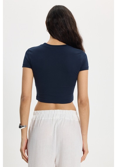 Tudors Kadın Slim Fit Dar Kesim Pamuk Bisiklet Yaka Kısa Kollu Baskılı Lacivert Crop Tişört-50536 L
