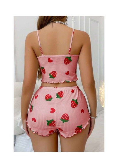 Çilek Desenli Crop Askılı Şort Yazlık Pijama Takımı Ryl - S-49 Beden: S-m Çok Renkli