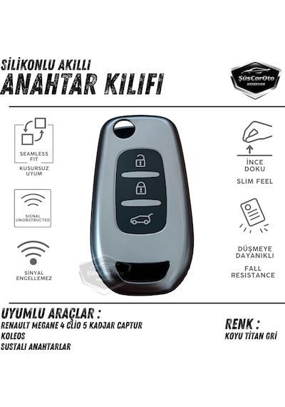 Renault Megane 4 Clio 5 Kadjar Captur Kaleos Anahtar Uyumlu Silikon Anahtar Kılıfı Oto Anahtar Kabı Darbe Emici Anahtarlık Koyu Titan Gri 00