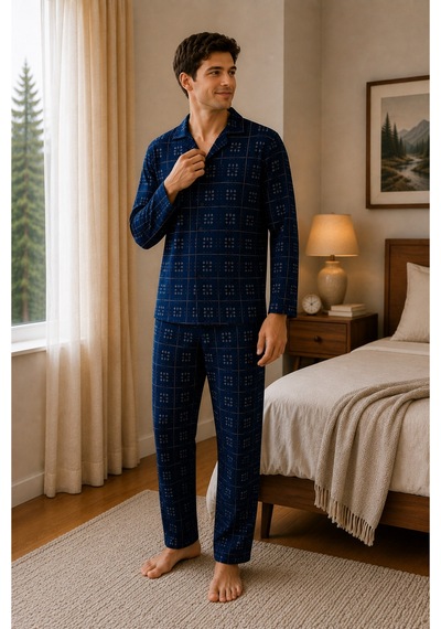 Free Beka Ekose Desenli Uzun Kollu Gömlek Yaka Düğmeli Erkek Pijama Takımı Lacivert