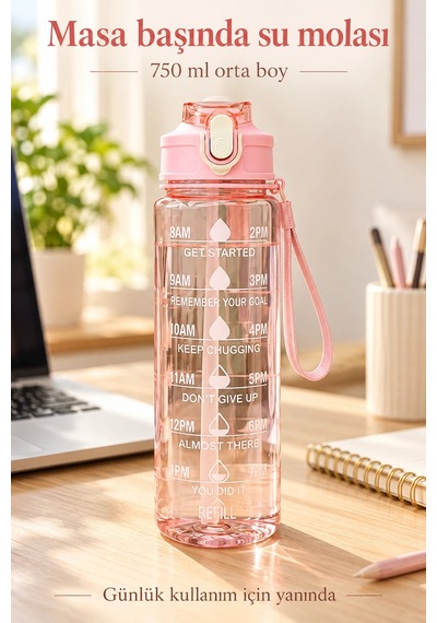 Madamev 3lü Motivasyonel Suluk Matara Seti 2000+750+280ml Pipetli Sticker Askılı Spor Okul Su Şişesi Pembe