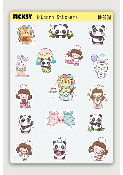 Sevimli Kawaii Unicorn Hayvanlar Doğum Günü Temalı Sticker Seti - 16 Adet Etiket Çıkartma Diğer