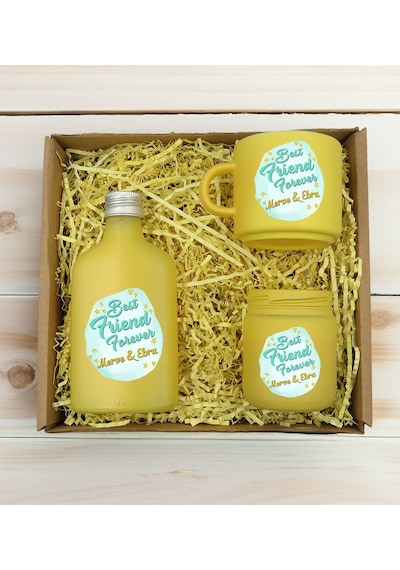 Bk Gift Kişiye Özel İsimli Dtf Best Friend Temalı Sarı Kahve Fincanı & Kolonya & Mum Hediye Seti-2, Arkadaşa Hediye, Doğum Günü Hediyesi Kobitmeyencom