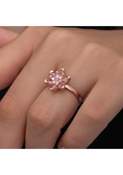 Pembe Lotus Çiçeği Rose Gümüş Kadın Yüzük