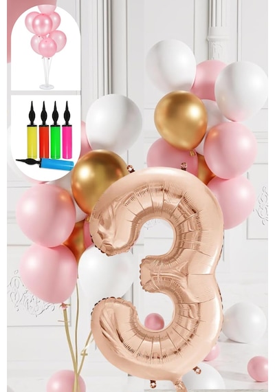 3 Yaş Balon Standlı Ve Pompalı Retro Gold Pembe Beyaz Balon Seti Rose Gold Rakamlı Süsleme Çok Renkli