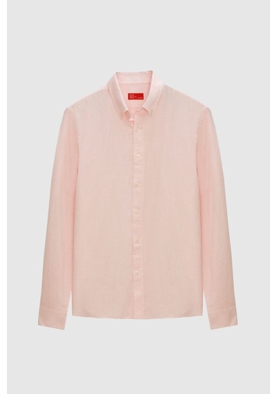D'S Damat Ds Damat Slim Fit Pembe Düğmeli Yaka %100 Pamuk Yazlık Flamlı Keten Görünümlü Gömlek 6HC02ORT63265 Pembe