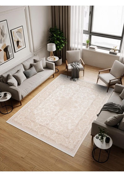 Fontana Ft002w Krem Bej Akrilik Halı Klasik Desen Pamuk Taban Tozu Az Salon Oturma Odası Halısı-1045 Krem - Bej