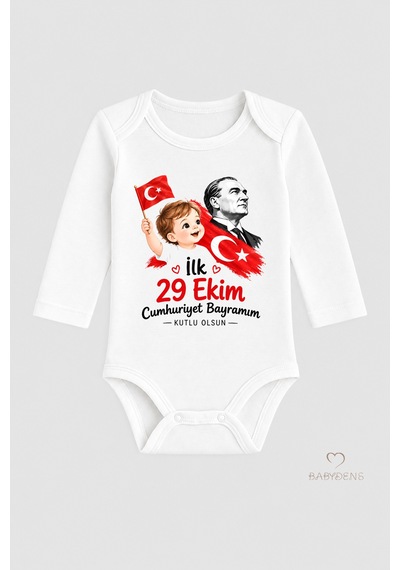 Babyden's İlk 29 Ekim Cumhuriyet Bayramım Baskılı Bebek Çıtçıtlı Body Uzun Kollu %100 Pamuk Unisex Zıbın Badi Beyaz - Kırmızı