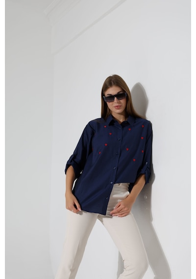 Corradeo Giyim Yeni Sezon Oversize Çizgili Poplin Kumaş Kalp Nakış Detaylı Apoletli Tasarım Gömlek Lacivert