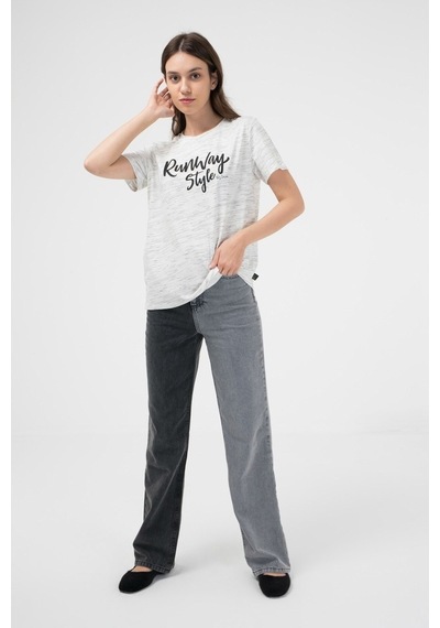 Brz Collection Ekru Renk Siyah Kırçıllı Kadın Kısa Kollu T-Shirt Ekru