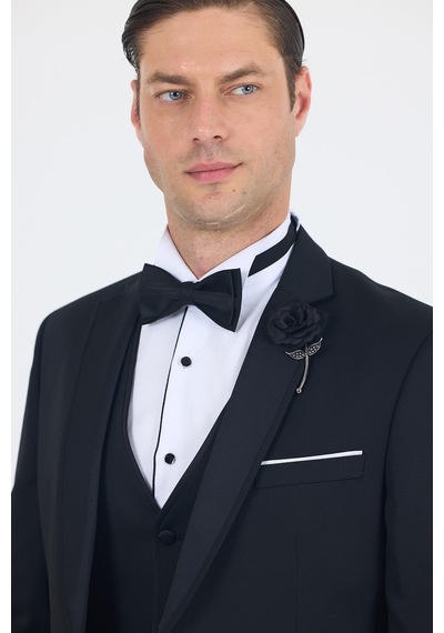 İmza Siyah Mono Yaka Tek Düğme Slim Fit Yelekli Ceremony Takım Elbise 1001250201 Siyah