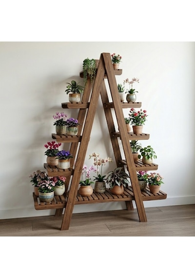 Wooddecor 5 Katlı Ahşap Merdiven Çiçeklik - 120x100 Cm Geniş Raf Standı Kahverengi