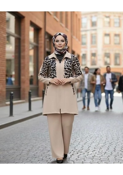 Lovie Moda Kadın Leopar Parçalı İkili Takım Bej
