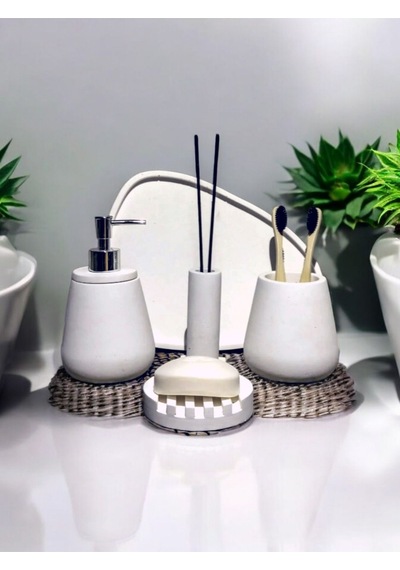 4'lü Kırık Beyaz Beton Banyo Seti Gri