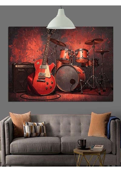 Davul Gitar Müzik Aletleri Dekoratif Kanvas - Mdf Ahşap Tablo