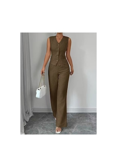 Butik İstanbul Kadın Askılı Önden Düğmeli Bluz Ve Pantolon Keten Ikili Takım Kahve Butik İstanbul Kadın Askılı Önden Düğmeli Bluz Ve Pantolon Keten Ikili Takım Kahve