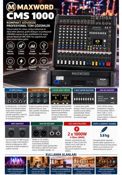 Maxword Cms-1000-3 Mixer 10 Kanal Analog Kompakt Power Mikser