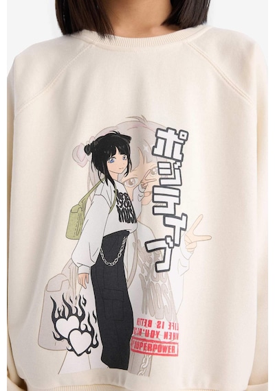 DeFacto Kız Çocuk Relax Fit Bisiklet Yaka Anime Baskılı Sweatshirt D8817A825SPER99 Ekru