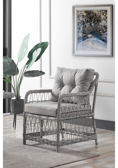 Breda Rattan Örgü Bahçe Balkon Takımı 2+1+1 Cam Masalı Gri Gri