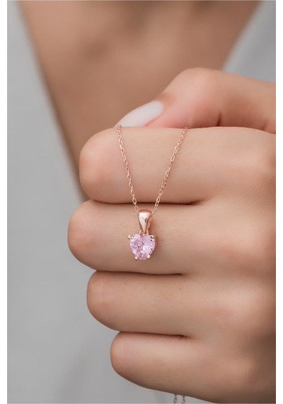 925 Ayar Gümüş Pembe Taşlı Kalp Kolye Rose Gold