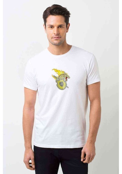 Dragon Shield Baskılı Beyaz Erkek Tshirt