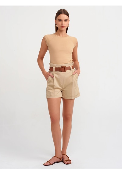 Ollacollection Yüksek Bel Kemerli Şort Camel