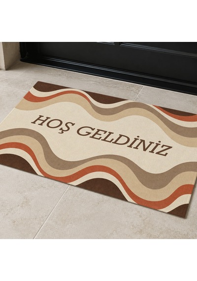 Kartela Halı Hoş Geldiniz Yazılı Retro Dalga Kapı Paspası Bej Kaymaz Kauçuk Taban 40x60 Cm