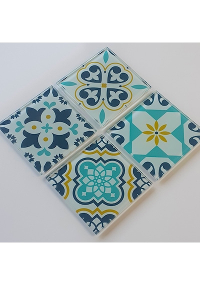 Decorita Cam Bardak Altlığı|Modern Çini Desen|4'lüTakım|10cmx10cm Çok Renkli