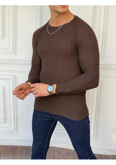 Modefendi Slim Fit Çelik Örme Açık Yaka Kazak Kahverengi
